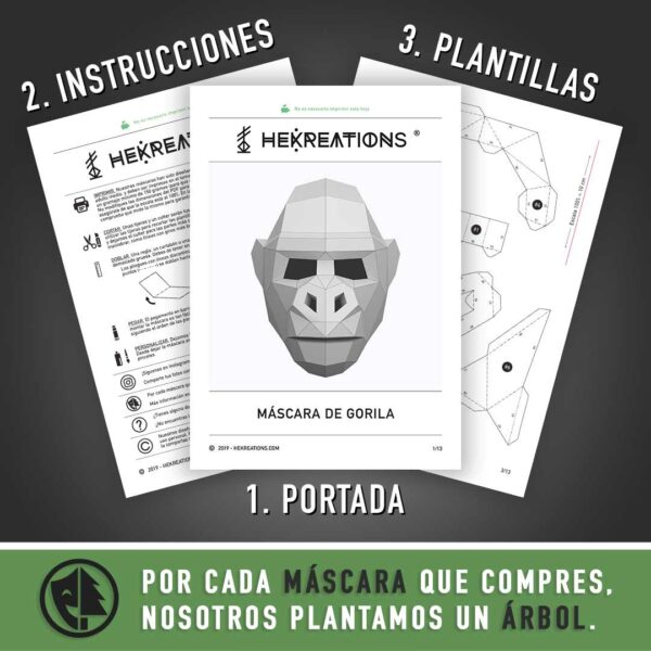 Plantillas de máscara de gorila 3D geométrica para hacer con papel o cartulina - PDF