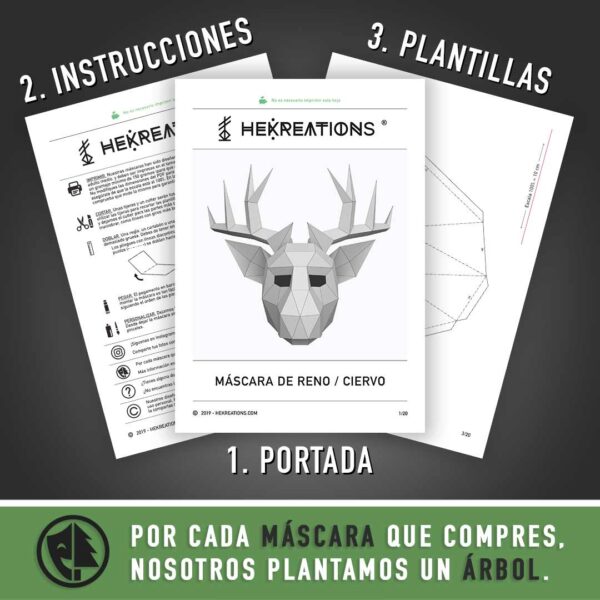 Plantillas de máscara de reno o ciervo 3D geométrica para hacer con papel o cartulina - PDF