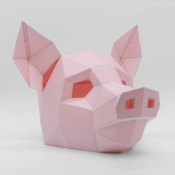 Máscara de cerdo de papel geométrica hecha con plantillas de un PDF descargable