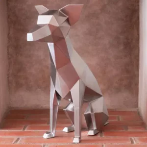 Escultura de perro personalizada de metal, poligonal o geométrica, hecha en acero inoxidable