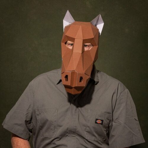 Adult with horse paper mask in 3D