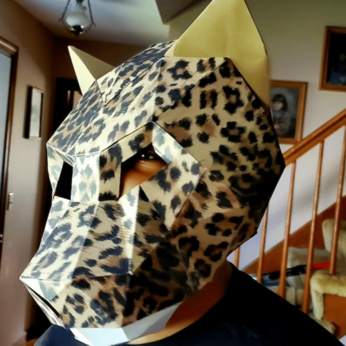 Child with paper cheetah mask